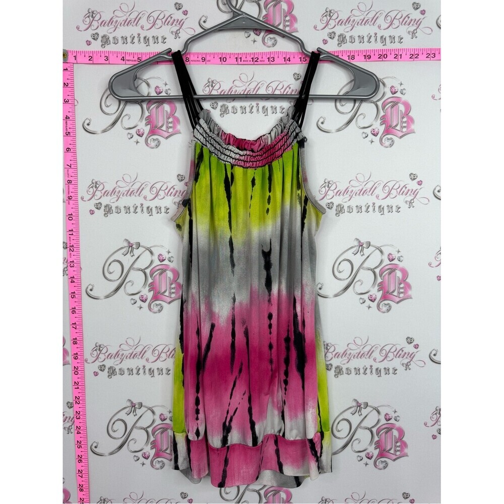 Suzy Shier Lime Green Pink Black Tie-Dye Sleeveless Tunic